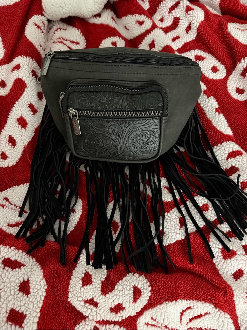 Montana West Black Fringe Crossbody Bag with Floral Embossed Pocket